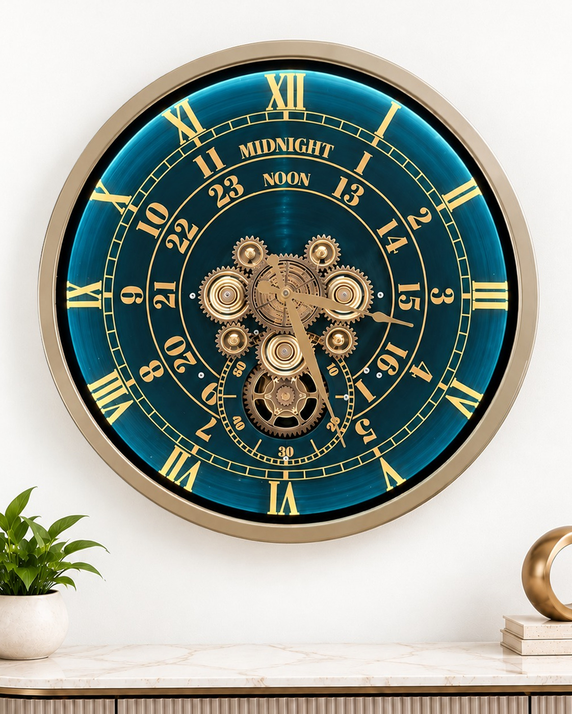 Mystic Motion Luxury Designer Silent Movement Wall Clock For Living Room With Moving Gear Mechanism- Medium (Blue) (With Light & Remote) (Brushing Luxury Watch Dial Collection)