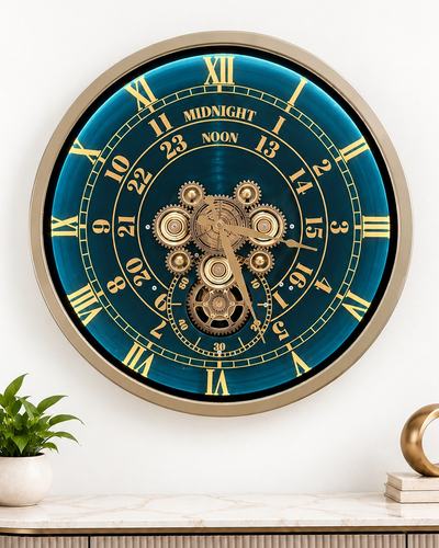 Mystic Motion Luxury Designer Silent Movement Wall Clock For Living Room With Moving Gear Mechanism- Medium (Blue) (With Light & Remote) (Brushing Luxury Watch Dial Collection)