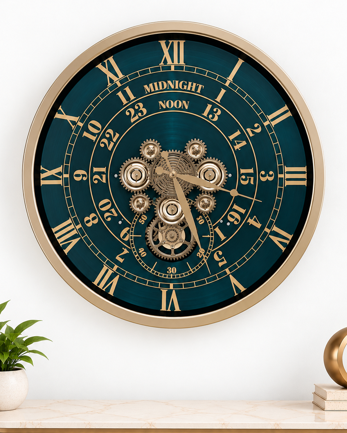 Mystic Motion Luxury Designer Silent Movement Wall Clock For Living Room With Moving Gear Mechanism- Medium (Blue) (With Light & Remote) (Brushing Luxury Watch Dial Collection)