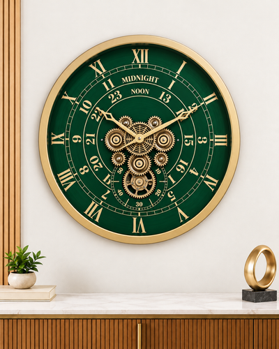 Mystic Motion Luxury Designer Silent Movement Wall Clock For Living Room With Moving Gear Mechanism- Medium (Green) (With Light & Remote) (Brushing Luxury Watch Dial Collection)