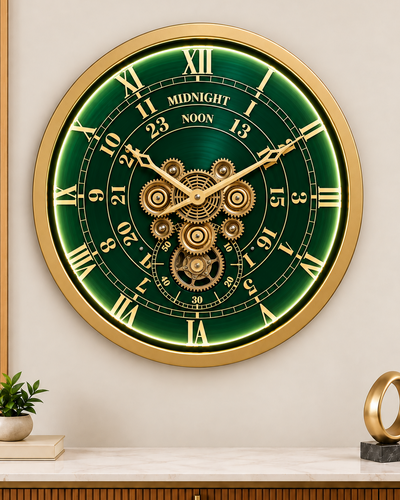 Mystic Motion Luxury Designer Silent Movement Wall Clock For Living Room With Moving Gear Mechanism- Medium (Green) (With Light & Remote) (Brushing Luxury Watch Dial Collection)