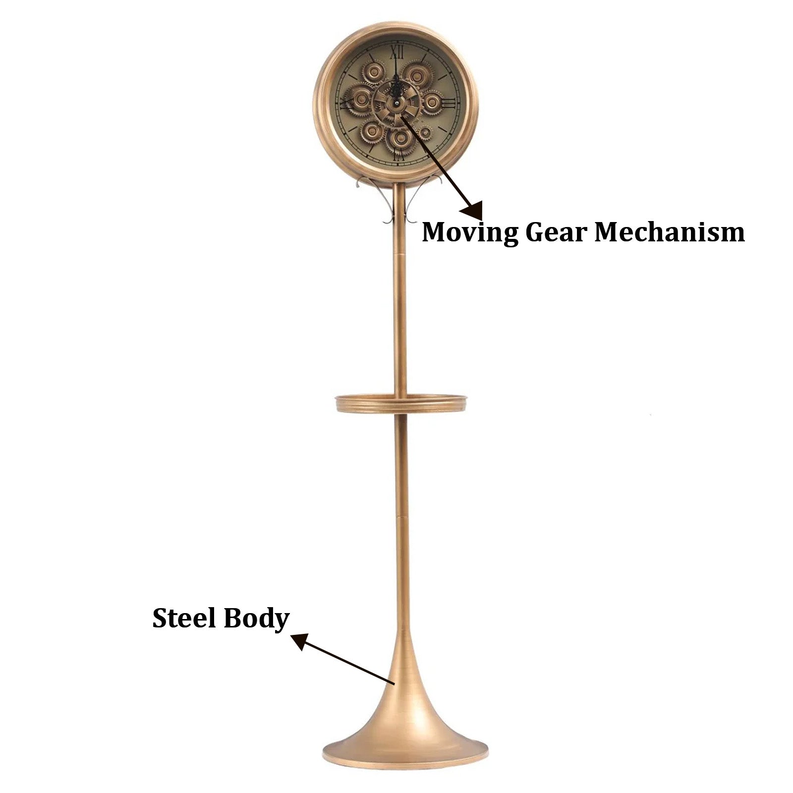 Golden Epoch Luxury Designer Standing Clock With Moving Gear Mechanism (Steel Body)