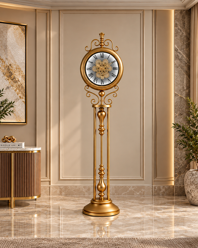 Classic Crown Luxury Designer Silent Movement Standing Clock With Moving Gear Mechanism (Steel Body) (With Light & Remote)