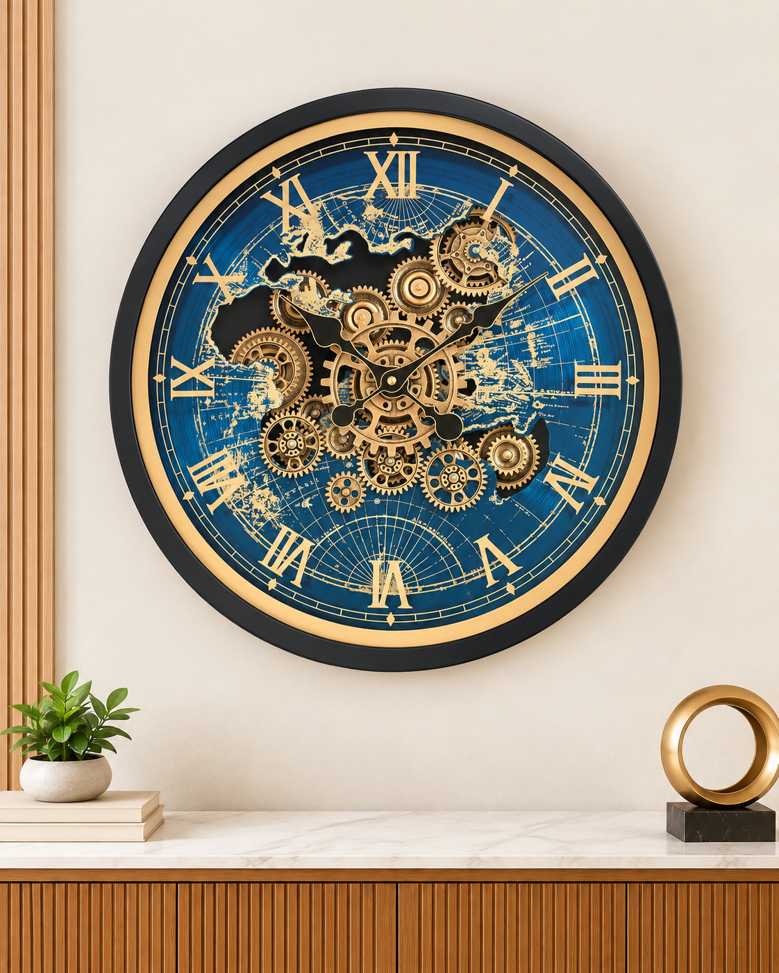 Worldline Timepiece Luxury Designer Silent Movement Wall Clock For Living Room With Moving Gear Mechanism Buy Wall Clock Online - Medium (Blue) (Radial Brushing Metallic Sheen)