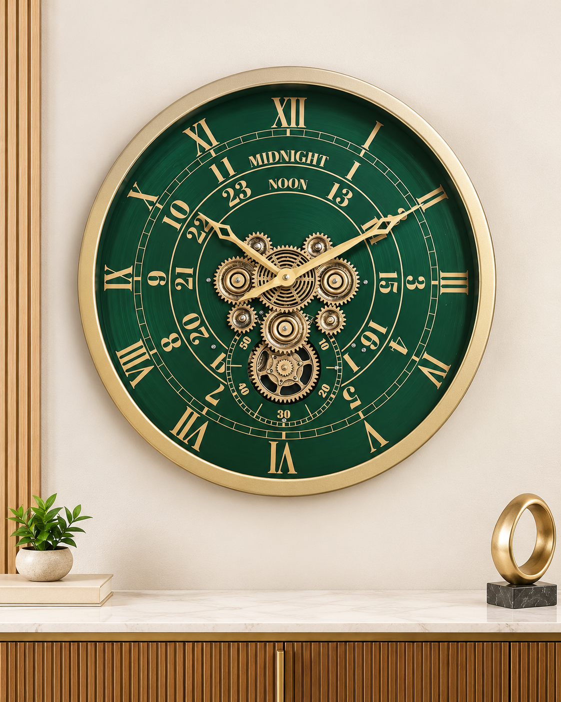 Mystic Motion Luxury Designer Silent Movement Wall Clock For Living Room With Moving Gear Mechanism- Medium (Green) (Steel Body)