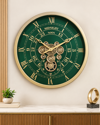 Mystic Motion Luxury Designer Silent Movement Wall Clock For Living Room With Moving Gear Mechanism- Medium (Green) (Steel Body)