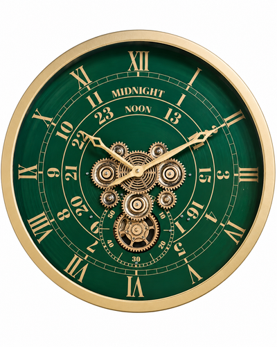 Mystic Motion Luxury Designer Silent Movement Wall Clock For Living Room With Moving Gear Mechanism- Medium (Green) (Steel Body)