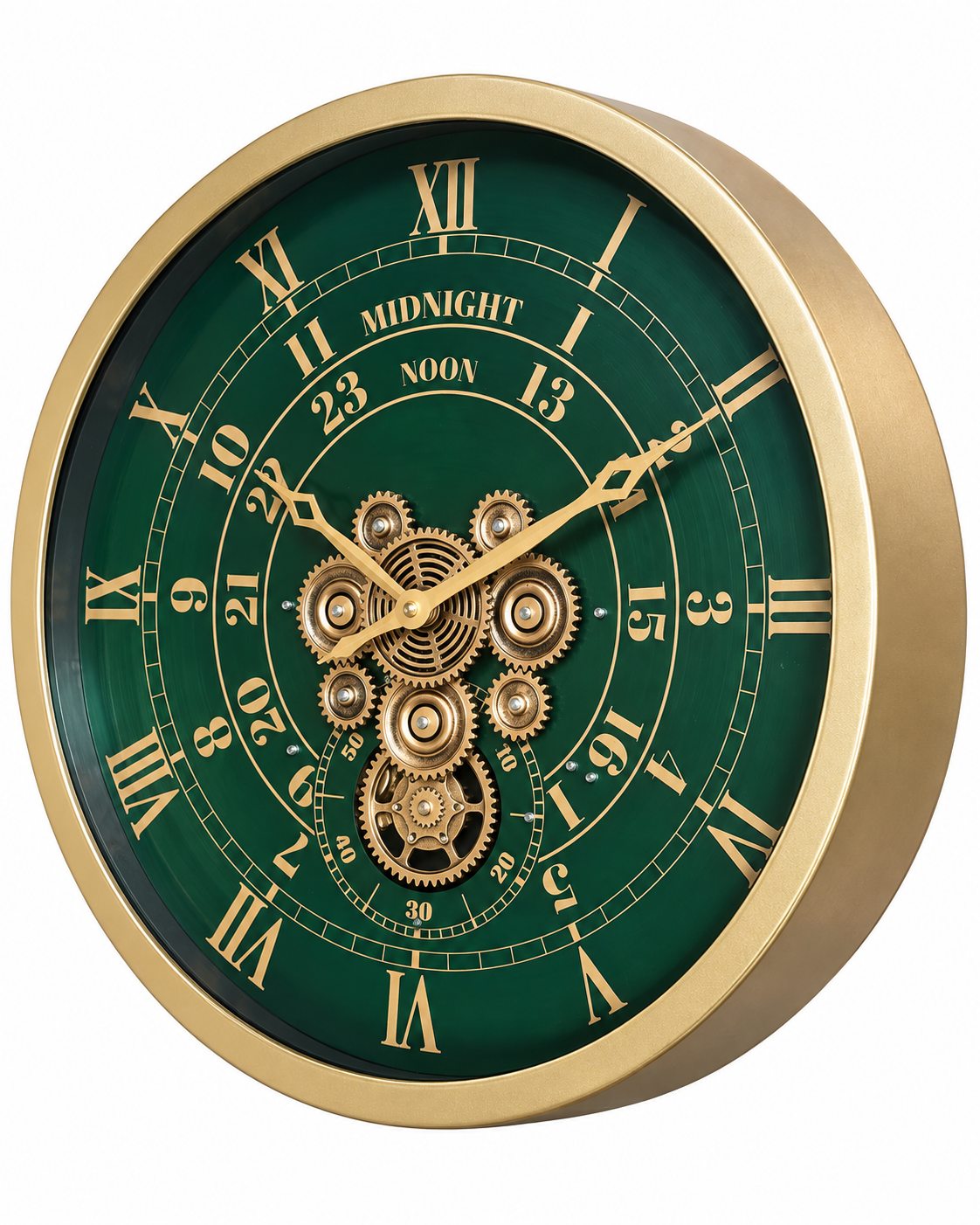 Mystic Motion Luxury Designer Silent Movement Wall Clock For Living Room With Moving Gear Mechanism- Medium (Green) (Steel Body)