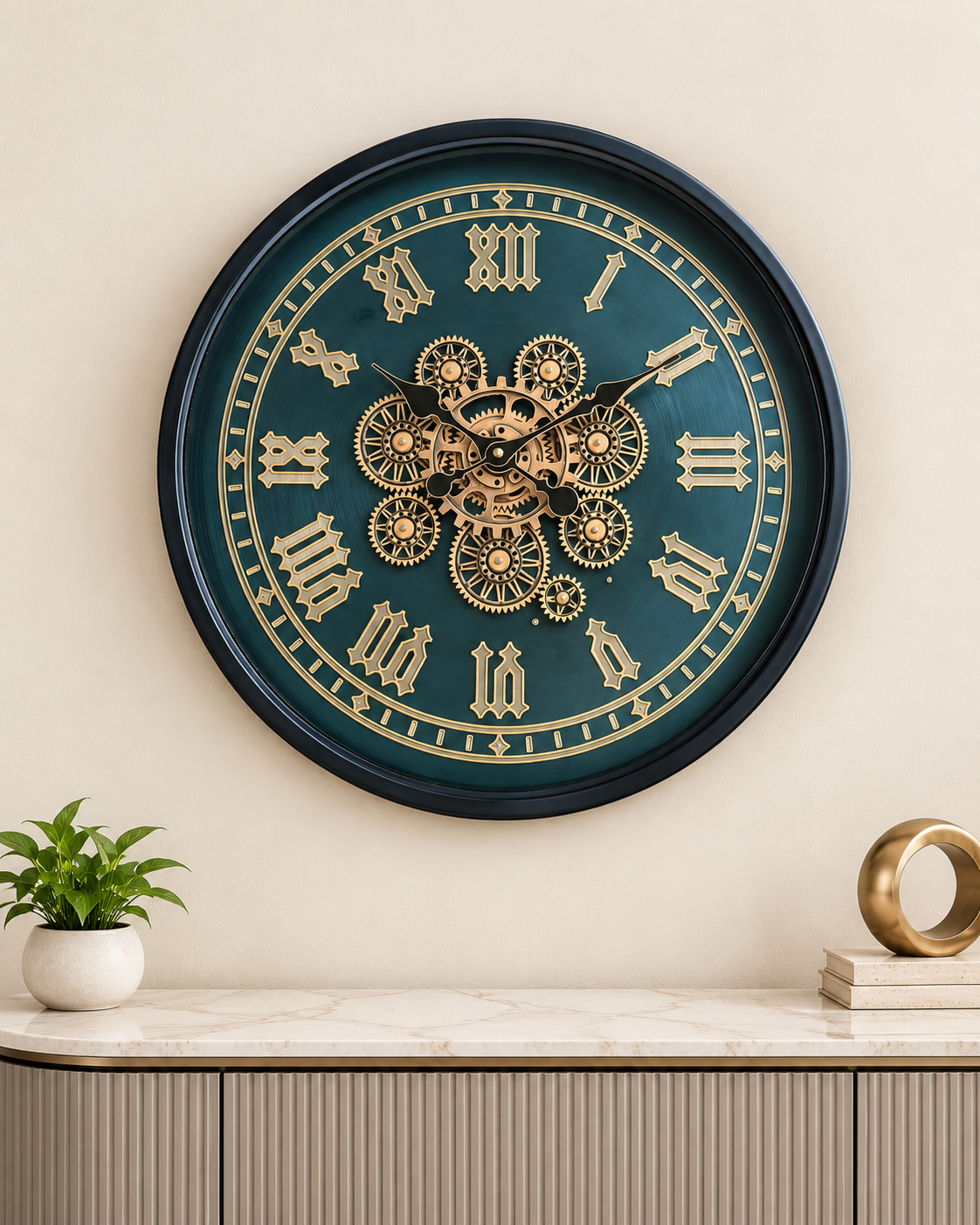 Vintage Chronos Luxury Designer Silent Movement Wall Clock With Moving Gear Mechanism (Steel Body)