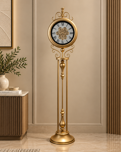 Classic Crown Luxury Designer Silent Movement Standing Clock With Moving Gear Mechanism (Steel Body) (With Light & Remote)