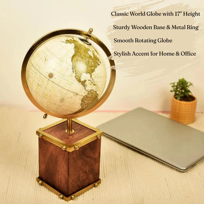 Gold Globe with Wooden Base (17-Inch) | Antique Metal World Globe for Home Décor, Study & Office Desk