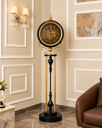 Majestic Time Luxury Designer Silent Movement Standing Clock With Moving Gear Mechanism (Steel Body)