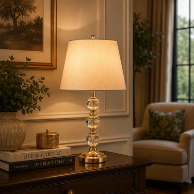 Lumière Crystal Globe Table Lamp – Antique Brass Finish with Linen Shade