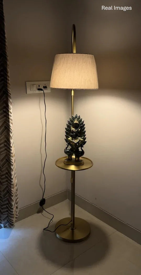 Brass Antique Curved Floor Lamp with Table Shelf for Living Room | Standing Lamp for Home Decor
