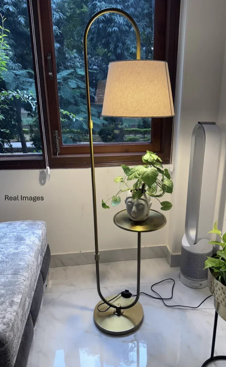 Brass Antique Curved Floor Lamp with Table Shelf for Living Room | Standing Lamp for Home Decor