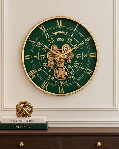 Mystic Motion Luxury Designer Silent Movement Wall Clock For Living Room With Moving Gear Mechanism - Big (Green) (Steel Body)