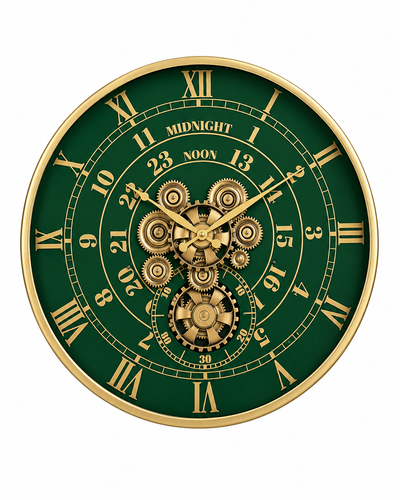 Mystic Motion Luxury Designer Silent Movement Wall Clock For Living Room With Moving Gear Mechanism - Big (Green) (Steel Body)