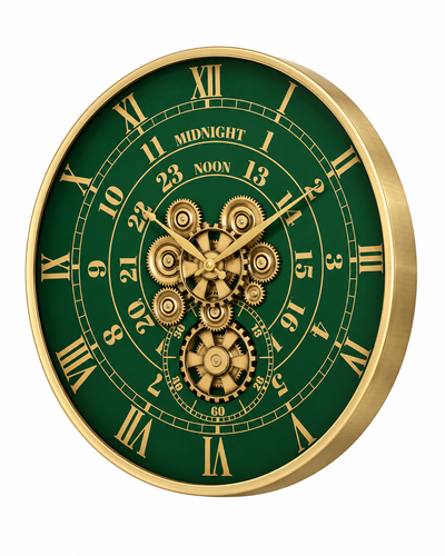 Mystic Motion Luxury Designer Silent Movement Wall Clock For Living Room With Moving Gear Mechanism - Big (Green) (Steel Body)