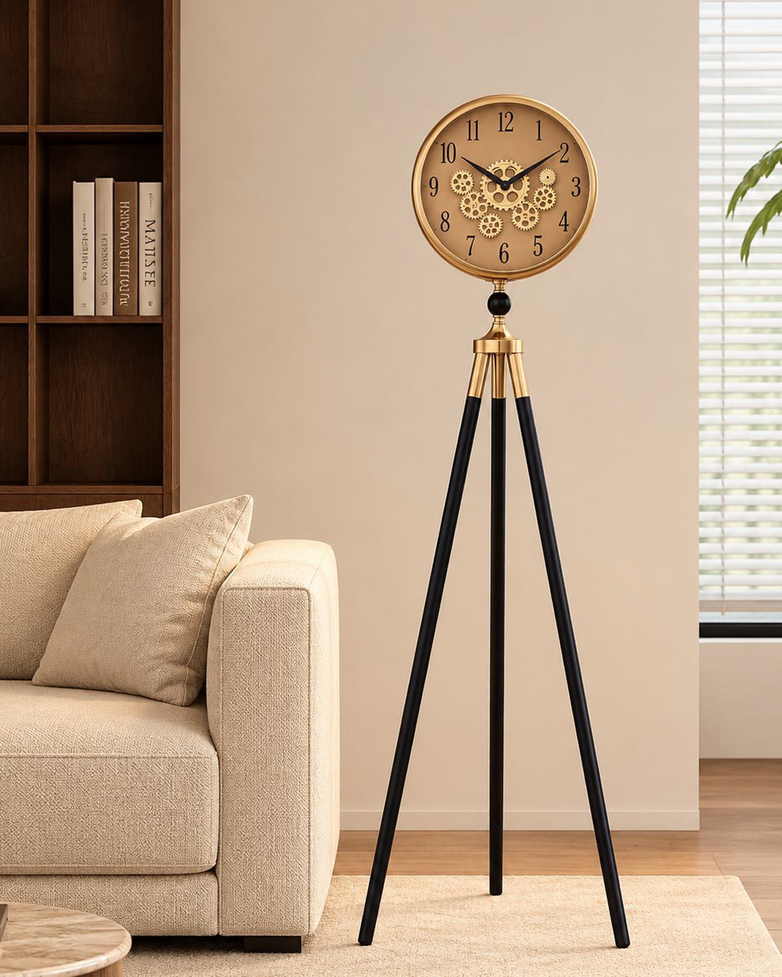 Momentum Dial Tripod Base Luxury Designer Silent Movement Standing Clock With Moving Gear Mechanism - Rose Gold