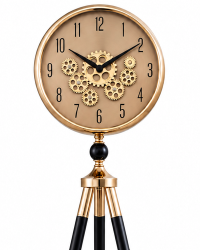 Momentum Dial Tripod Base Luxury Designer Silent Movement Standing Clock With Moving Gear Mechanism  - Rose Gold (With Light & Remote)