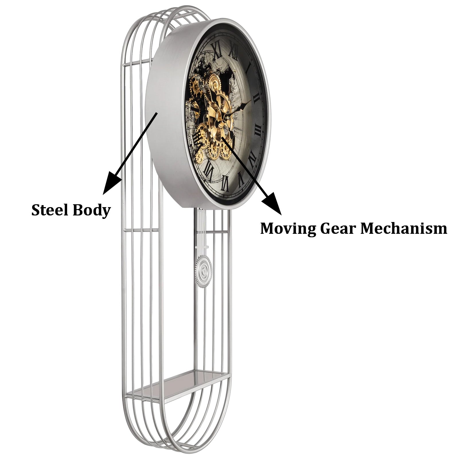 Phantom Dial Designer Silent Movement Pendulum Clock With Moving Gear Mechanism (Steel Body)
