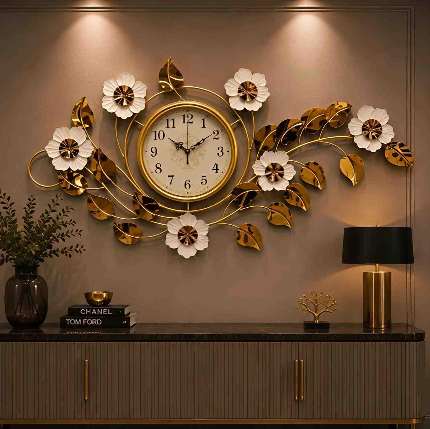 Golden leafy metal wall clock with white dial- Style 2