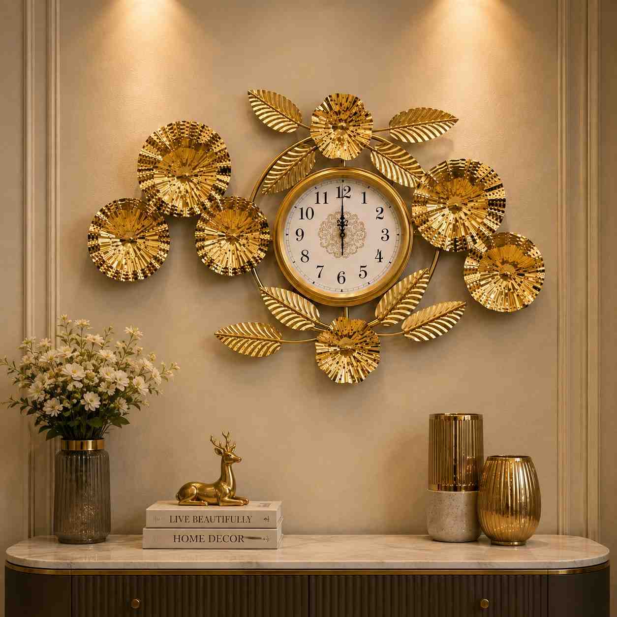 Golden Bloom Metal Wall Clock With White Dial
