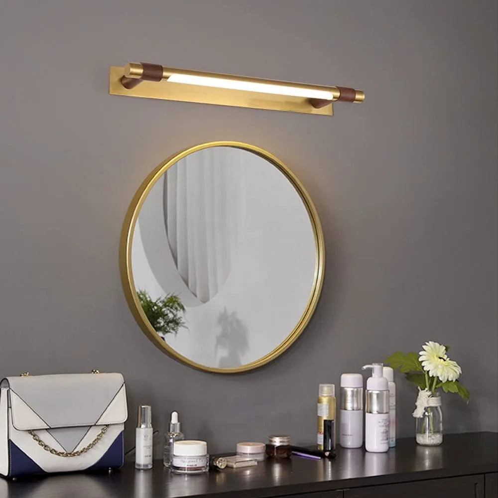 Gold Linear LED Wall Light with Wood-Tone Accents