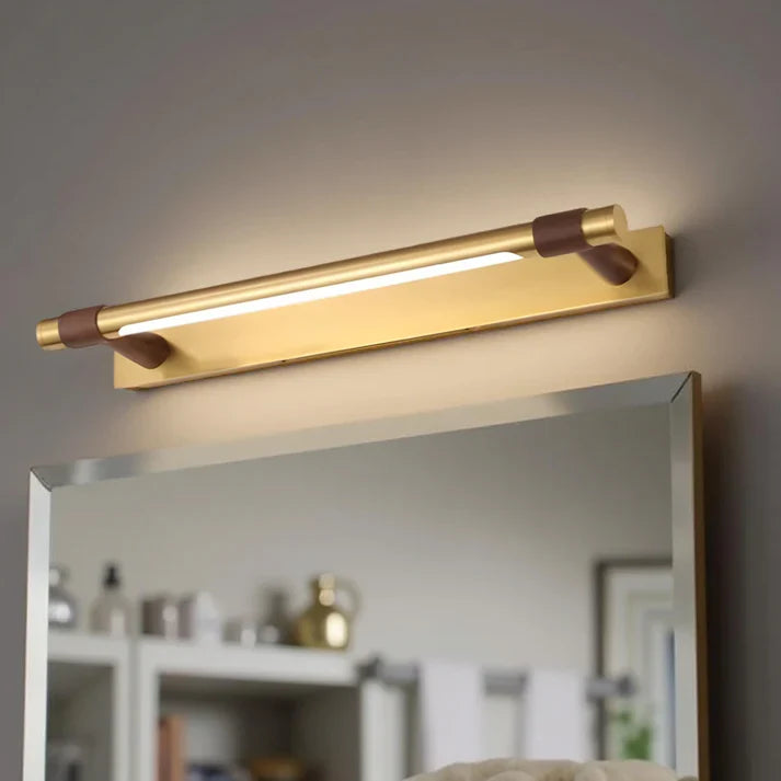 Gold Linear LED Wall Light with Wood-Tone Accents