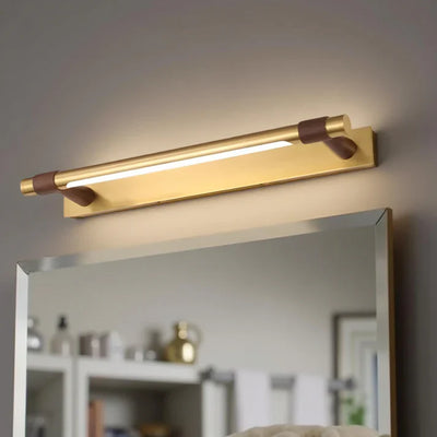 Gold Linear LED Wall Light with Wood-Tone Accents