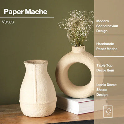 Decorative Off-White Paper Mache Vase | Modern Handmade Flower Pot for Home & Table Styling