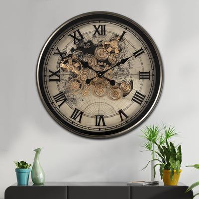 Phantom Dial Luxury Designer Wall Clock For Living Room With Moving Gear Mechanism Buy Wall Clock Online - Medium (Black) (Steel Body)