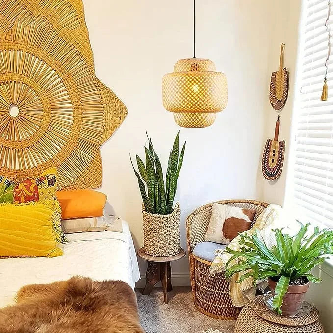 B&B Woven Bamboo Pendant Light – Double Layer Drum (Pack of 2)
