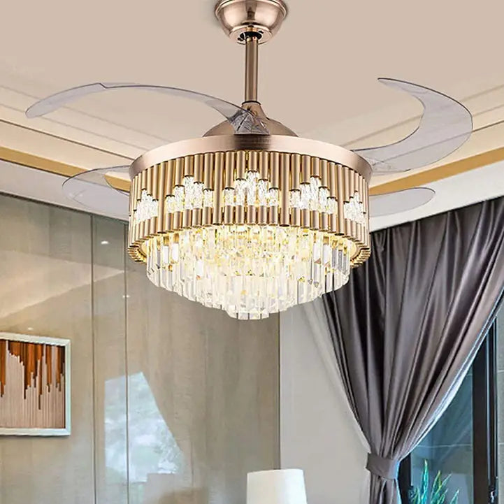 Vertical-Rod Retractable-Blade Crystal Fan Chandelier