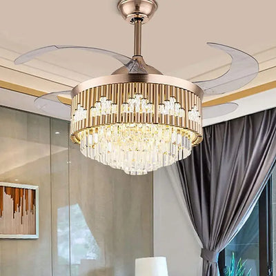 Vertical-Rod Retractable-Blade Crystal Fan Chandelier