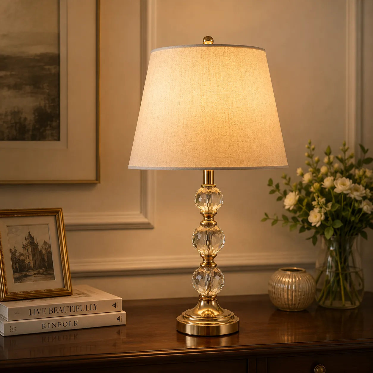 Lumière Crystal Globe Table Lamp – Antique Brass Finish with Linen Shade