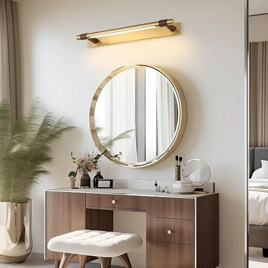 Gold Linear LED Wall Light with Wood-Tone Accents
