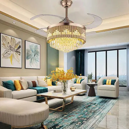 Vertical-Rod Retractable-Blade Crystal Fan Chandelier