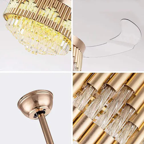 Vertical-Rod Retractable-Blade Crystal Fan Chandelier