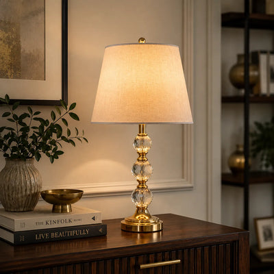 Lumière Crystal Globe Table Lamp – Antique Brass Finish with Linen Shade