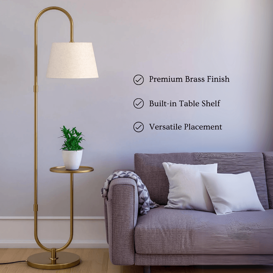 Brass Antique Curved Floor Lamp with Table Shelf for Living Room | Standing Lamp for Home Decor