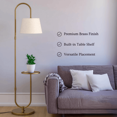 Brass Antique Curved Floor Lamp with Table Shelf for Living Room | Standing Lamp for Home Decor