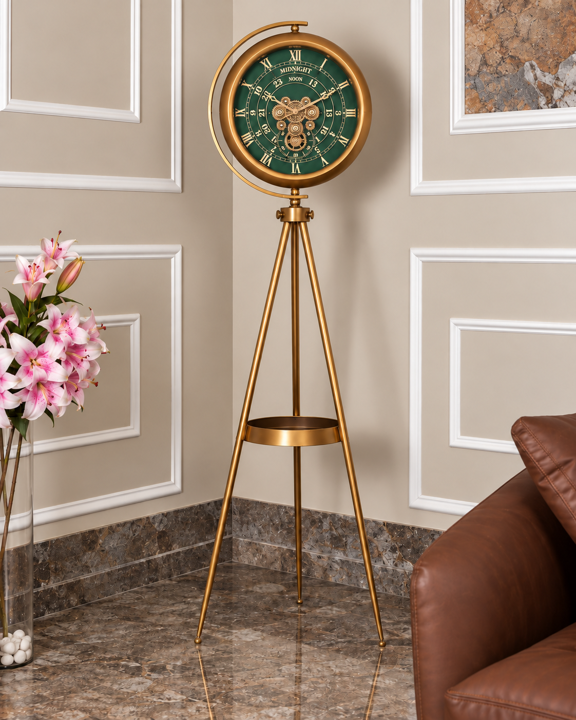 Mystic Motion Tripod Base Luxury Designer Silent Movement Floor Clock With Moving Gear Mechanism (With Light and Remote) (Steel Body) - Green