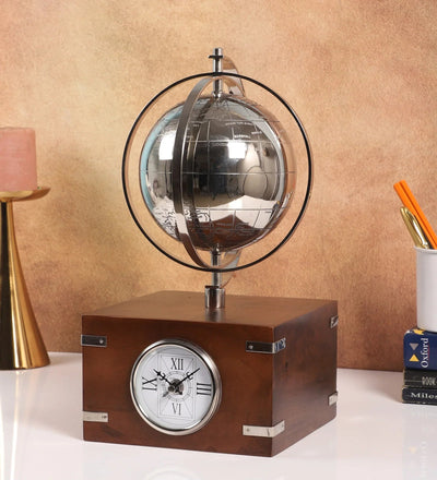 Atlasphere Decorative Table Clock | Luxury Metal & Wood Desk Clock for Home & Office Decor