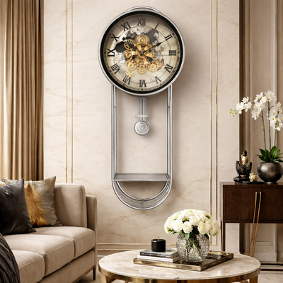 Phantom Dial Designer Silent Movement Pendulum Clock With Moving Gear Mechanism (Steel Body)