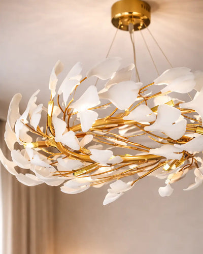 Gingko Leaf Ceramic Chandelier- White & Gold