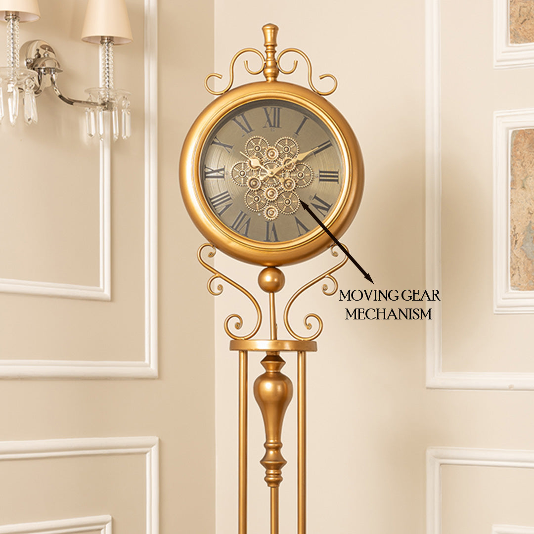 Classic Crown Luxury Designer Silent Movement Standing Clock With Moving Gear Mechanism (Steel Body)