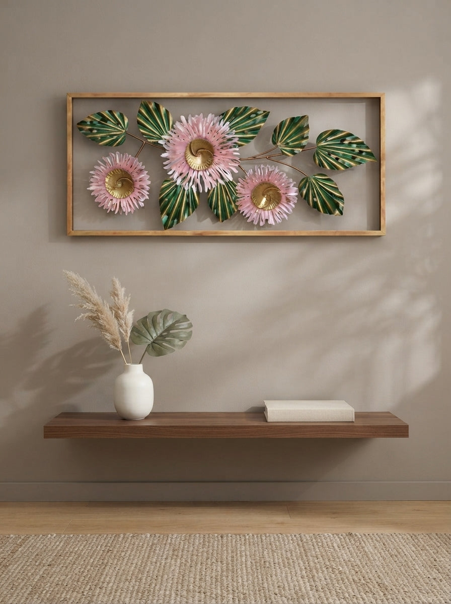 Framed 3 Flower Wall Art 38" x 18" – Decorative Metal Floral Wall Decor for Living Room & Bedroom