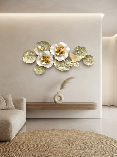 White Gold Flower Wall Art 36" x 19" – Elegant Metal Floral Wall Decor for Living Room & Bedroom