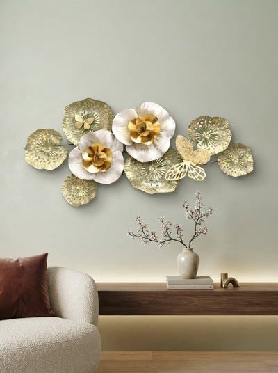 White Gold Flower Wall Art 36" x 19" – Elegant Metal Floral Wall Decor for Living Room & Bedroom